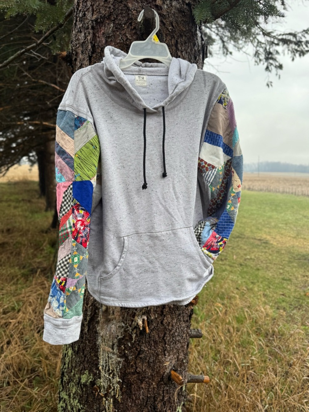 Light Gray Pullover Hoodie with Patchwork Sleeves - Women